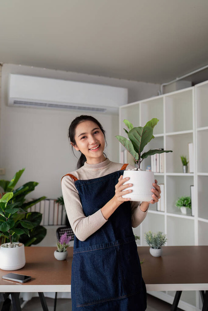 Молодая азиатка улыбается дружелюбно держа цветочный горшок с зеленым растительным домом и глядя в гостиной. Концепция дома сад. Уход за домашними растениями. - Фото, изображение