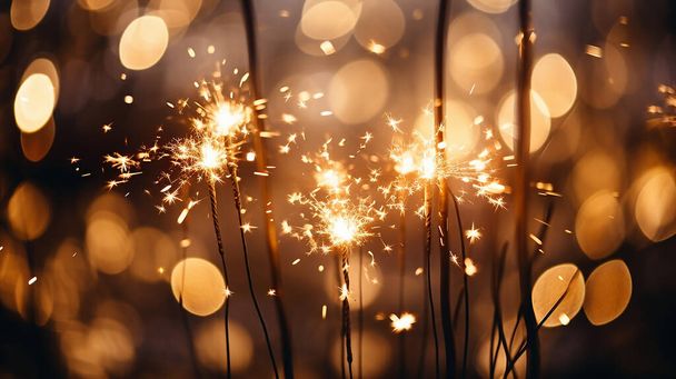Primer plano de chispas chispeantes fuegos artificiales y luces bokeh efectos de brillo para Feliz Año Nuevo y festivo estacional sobre fondo negro - Vector, imagen