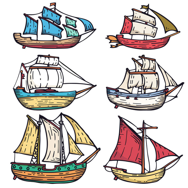 Colección coloridos barcos de vela dibujados a mano varias velas. Barcos marinos náuticos bosquejan diseños temáticos marítimos. Barcos de vela estilo de dibujos animados, diferentes banderas, fondo blanco aislado - Vector, imagen