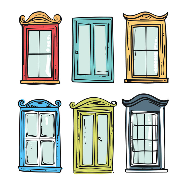 Gyűjtemény vintage ablakok kézzel rajzolt doodle stílusban. Színes ablakkeretek, klasszikus építészeti részletek. Állítsa be hat különböző ablak tervez színes körvonalak elszigetelt fehér háttér - Vektor, kép