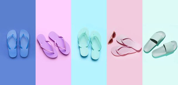Collage aus stylischen Flip-Flops auf farbigem Hintergrund - Foto, Bild