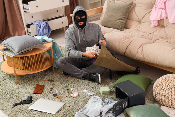 Male thief putting stolen money into bag in room - Photo, Image