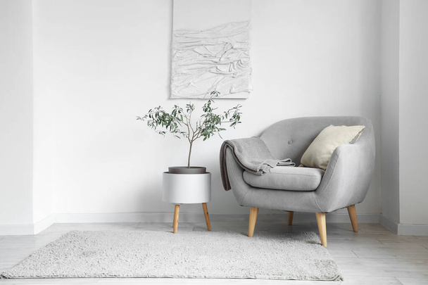 Interior of light living room with grey armchair, plant and painting - Photo, Image