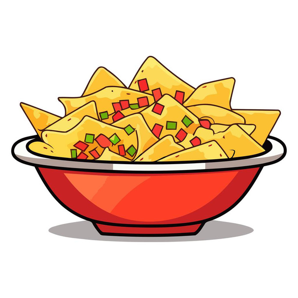 Wektorowa ikona nachos, z stosem chipsów tortilla ze stopionym serem i przyborami - Wektor, obraz