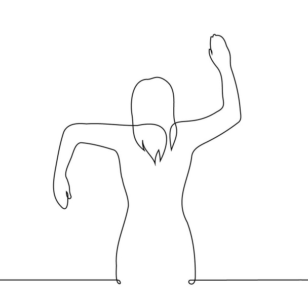 女性は両側に伸ばされた腕と肘で立ち,右手を上げ,左手を下に置きます. 1行のベクトルアート。 コンセプトジェスチャー,ハンドエクササイズ,矛盾する兆候や信号の送信 - ベクター画像