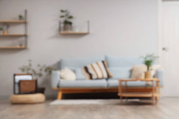 Rozmazaný pohled na světlý obývací pokoj s šedou pohovkou, stolem a policemi - Fotografie, Obrázek