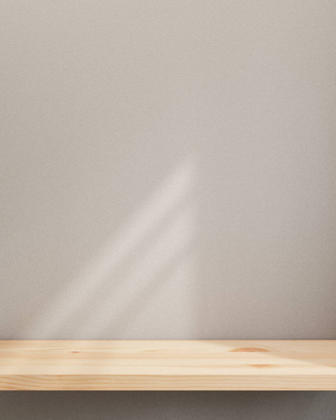 Minimalna drewniana deska lub blat do wyświetlania produktów jest ustawiony na białej ścianie, z nasłonecznieniem rzuca cienie. Minimalistyczne tło kosmiczne. 3d renderowanie, ilustracja 3d - Zdjęcie, obraz
