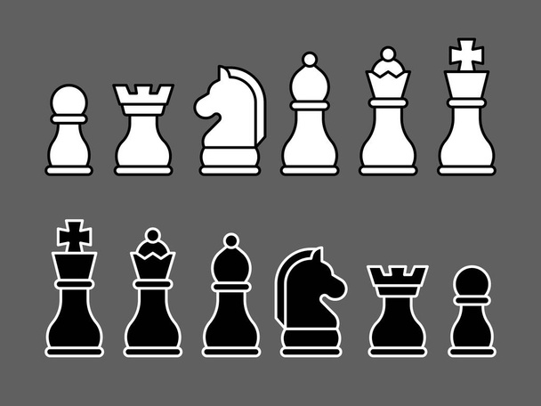 Černá a bílá sada šachových figurín v plochém stylu, uspořádané na šedém pozadí - Vektor, obrázek