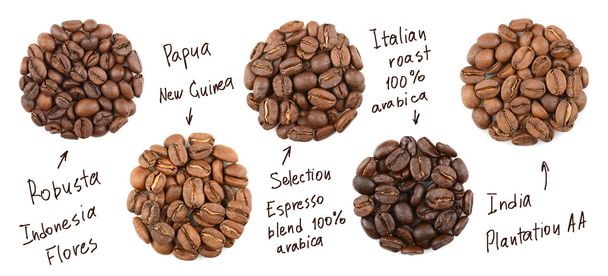 Collection of roasted coffee beans. name coffees - Photo, Image