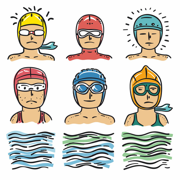 Пловцы в защитных колпачках, различных выражениях лица, в ручном стиле, над водой. Мультфильм пловцы, различные цвета плавательной шапки, бассейн сцены, простые иллюстрации. Лица пловцов, каракули - Вектор,изображение