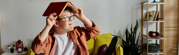Malý chlapec s Downovým syndromem drží knihu nad hlavou, zatímco sedí na gauči. - Fotografie, Obrázek
