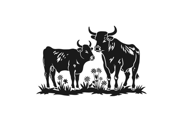 Silhouette di Due mucche in un prato. Progettazione illustrazione vettoriale. - Vettoriali, immagini