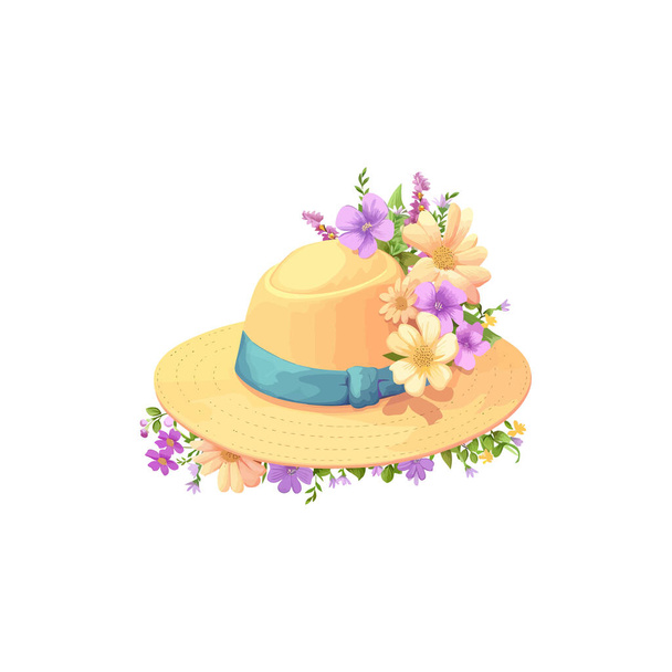 Elegante sombrero de paja decorado con flores de primavera pastel. Diseño de ilustración vectorial. - Vector, imagen