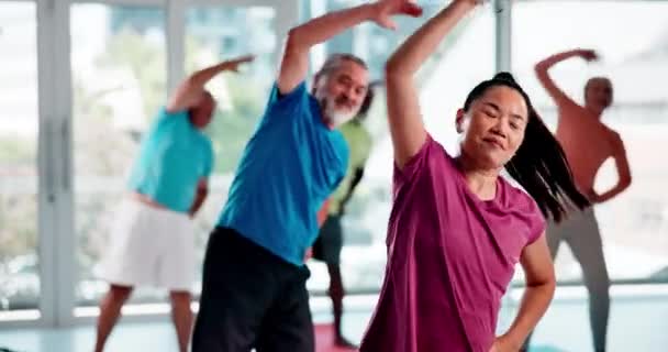 Άσκηση, τέντωμα και ώριμα άτομα στην τάξη της γιόγκα για άσκηση, προπόνηση και άσκηση καρδιο στο γυμναστήριο. Αθλητισμός, συνταξιοδότηση και ηλικιωμένοι άνδρες και γυναίκες προθερμαίνονται για ευεξία, πιλάτες και κέντρα υγείας. - Πλάνα, βίντεο