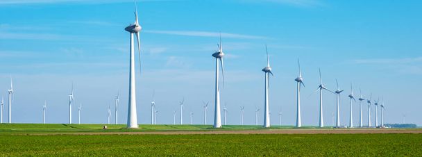 Fila de elegantes turbinas eólicas girando con gracia en un vasto campo verde, aprovechando la potencia del viento para generar energía limpia. banner de turbinas de molino de viento - Foto, imagen