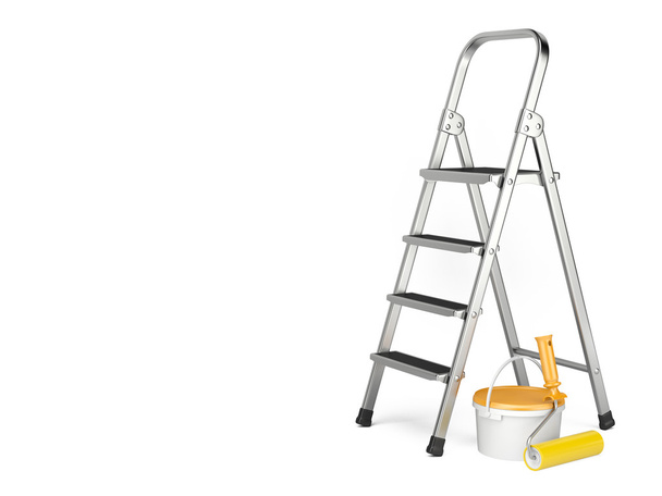 Home Improvement. Ladder, paint can and paint roller - Фото, изображение