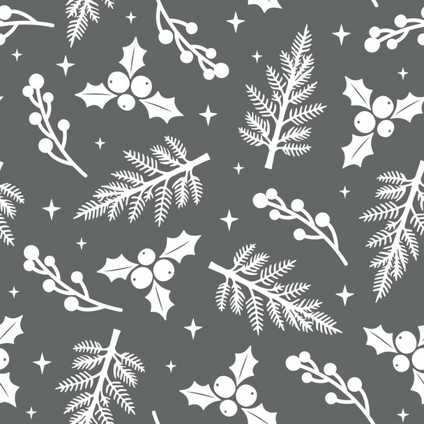 Μοντέρνο μοτίβο Χριστουγέννων χωρίς ραφή. Πρωτοχρονιάτικη εκτύπωση με λευκά κλαδιά χριστουγεννιάτικου δέντρου, γκι και μούρα σε σκούρο γκρι φόντο. Λαμπερή χειμωνιάτικη υφή για διακόσμηση, σχέδιο υφάσματος, συσκευασία. - Διάνυσμα, εικόνα