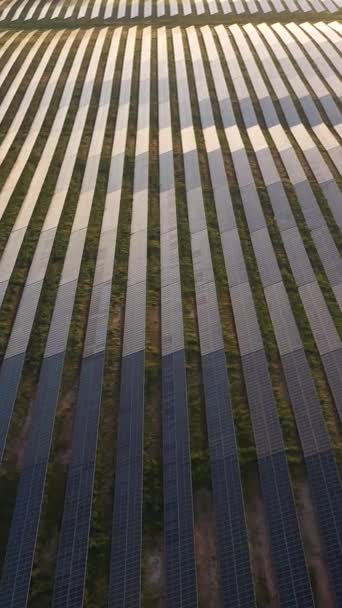 Duża słoneczna stacja paneli fotowoltaicznych o zachodzie słońca w Portugalii. Odbicie światła słonecznego. Widok z lotu ptaka. Dron porusza się bokiem. Pionowe wideo - Materiał filmowy, wideo
