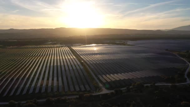 ALENQUER, PORTUGAL - huhtikuu 15, 2024: Valtava aurinkopaneelien asema auringonlaskussa Portugalissa. Auringonvalon heijastus. Antenninäköala. Lennokki liikkuu taaksepäin - Materiaali, video