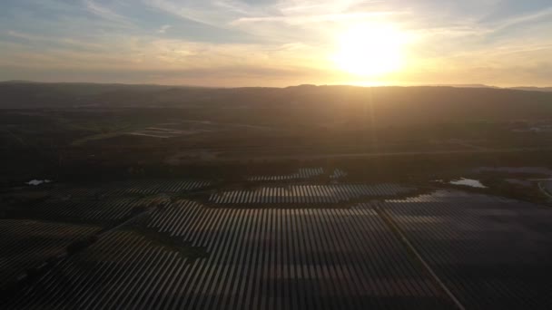 ALENQUER, PORTUGAL - 15 DE ABRIL DE 2024: Gran estación de paneles solares fotovoltaicos al atardecer en Portugal. Reflejo de luz solar. Vista aérea. Drone se mueve hacia atrás - Metraje, vídeo