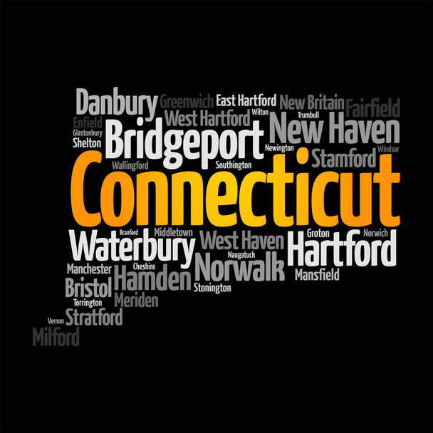 Connecticut - stát v regionu Nové Anglie na severovýchodě Spojených států, je známý pro své bohaté historie, malebné krajiny, a pulzující kultury, slovo cloud koncept pozadí - Vektor, obrázek