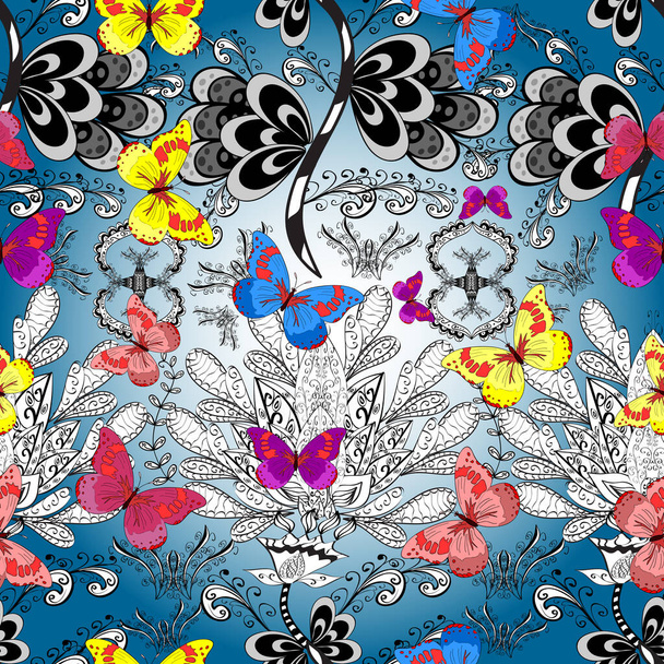 Illustration on blue, gray and white colors. Seamless background. Abstract colored nice butterfly. - Photo, Image