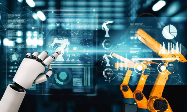 MLP Μηχανική βιομηχανία ρομπότ και ρομποτικοί βραχίονες για συναρμολόγηση στην εργοστασιακή παραγωγή. Έννοια της τεχνητής νοημοσύνης για τη βιομηχανική επανάσταση και τη διαδικασία αυτοματοποίησης. - Φωτογραφία, εικόνα