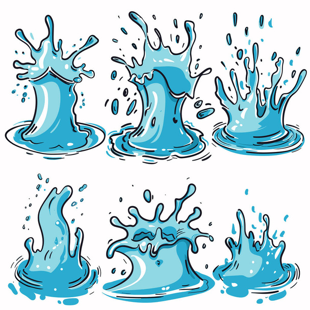 Шість синіх ілюстрацій бризок води показують динамічний рух рідини. Стиль мультфільму водяні бризки ідеальний графічний дизайн, анімація. Встановити розбризкування води, краплі ізольовані білий фон - Вектор, зображення