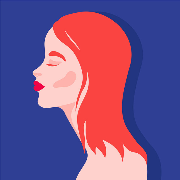 Mujer pelirroja hermosa con los labios rojos retrato. Perfil de una joven hembra de pelo rojo. Ilustración vectorial - Vector, imagen