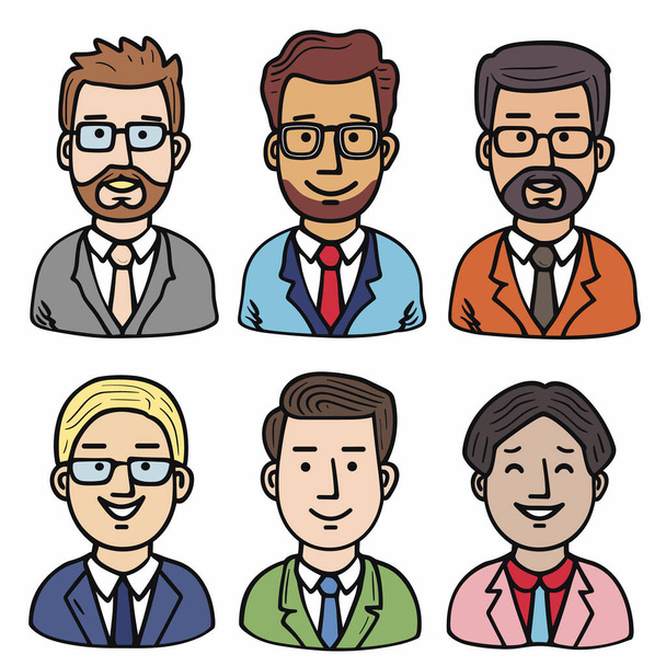 Six illustrated characters, professional men avatars, various hairstyles, facial hair, glasses, different colored suits, ties, smiling, cartoon style, isolated white background. Faces diverse male - Vector, Image