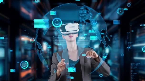 Businesswoman user making zoom with big data dynamic world market graph monitor by VR future global innovation interface digital infographic network technology visual hologram animation. Konstrukce. - Záběry, video