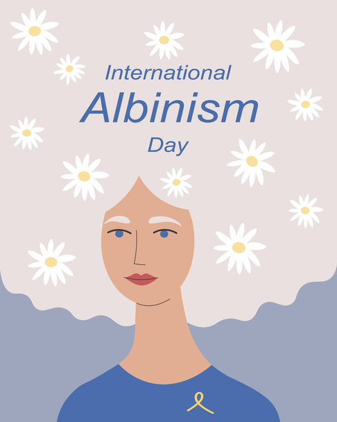Διεθνής ημέρα ευαισθητοποίησης Albinism ζωγραφισμένα χέρι διανυσματική απεικόνιση. Παρατηρείται κάθε χρόνο στις 13 Ιουνίου. Κάρτα με καρτούν γυναίκες με λευκά μαλλιά, κίτρινη κορδέλα, λουλούδια. Ιστορικό για σχεδιασμό, εκτύπωση, χαρτί - Διάνυσμα, εικόνα