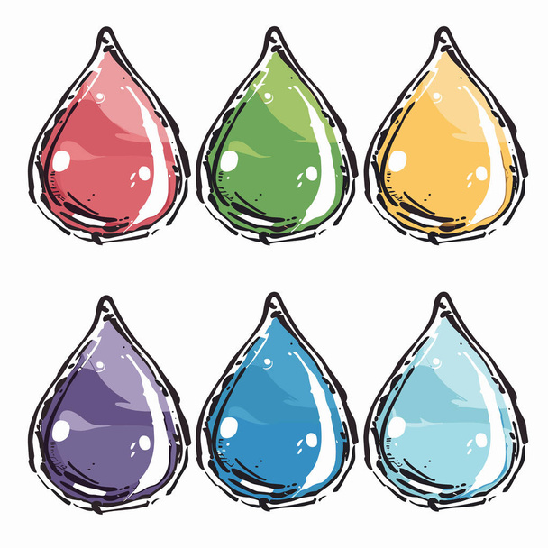 Set de seis gotas de agua de colores, estilo de dibujos animados, gotas de pintura salpicadas, vibrante rojo, verde, amarillo, púrpura, tonos azules, formas líquidas creativas. Gotas artísticas, gotas dibujadas a mano, elaboración - Vector, Imagen