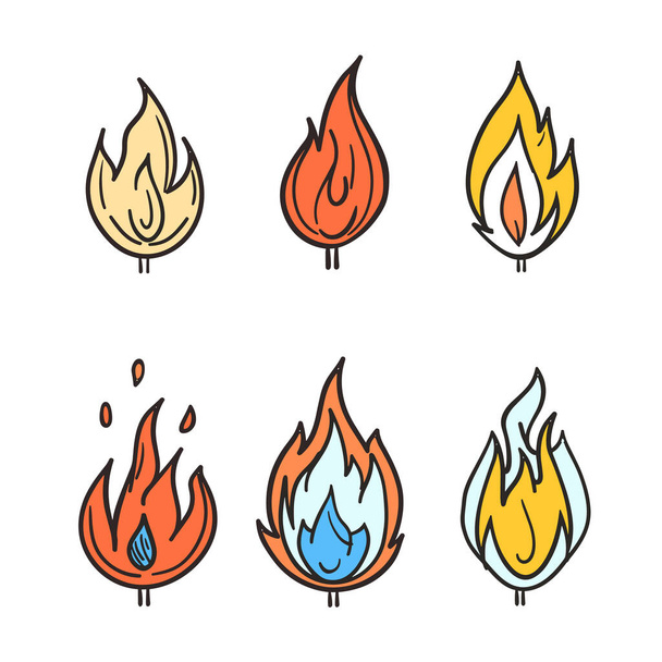 Seis llamas de dibujos animados de color diferente, lo que representa un incendio único. Simplista fuego iconos adecuados signos de peligro gráficos del juego, esquema de color distinto. Establecer símbolos de fuego creativo que van - Vector, imagen