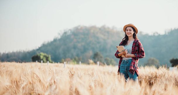 Femme tient un cahier dans un vaste champ de blé, avec la toile de fond d'un ciel bleu clair et des collines lointaines. - Photo, image