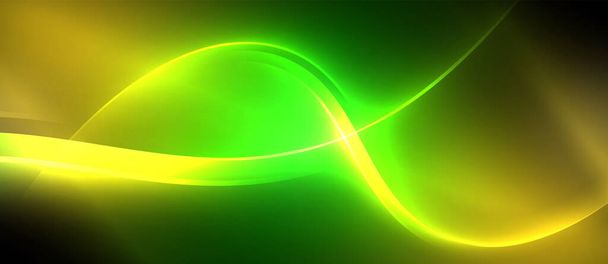 Una vibrante ola de tonos verdes y amarillos contrasta con un fondo negro, creando un efecto visual colorido y dinámico que recuerda a las luces de neón y la energía azul eléctrica. - Vector, Imagen