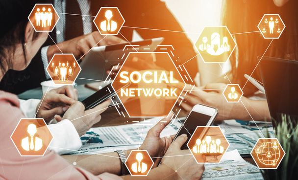 Közösségi média és fiatalok hálózati koncepciója. Modern grafikus felület, amely online közösségi hálózatot és médiacsatornákat mutat, hogy bevonja az ügyfeleket a digitális üzletbe. uds - Fotó, kép