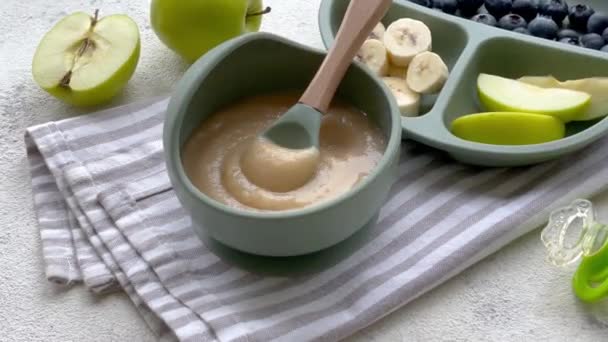 Healthy baby food in bowl. Bowl with delicious puree.   - Footage, Video