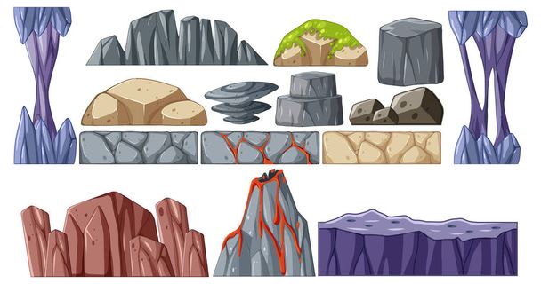 Coloridas y variadas formaciones rocosas e ilustración de cristales - Vector, imagen