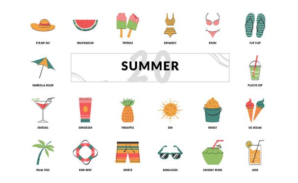 Vacaciones de verano tropical detallado garabato dibujado a mano icono conjunto - Vector, Imagen