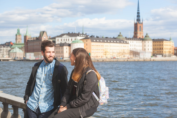 Young hipster couple visiting Stockholm - Fotó, kép