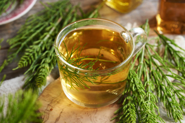 A cup of herbal tea with fresh horsetail plant on a wooden table - 写真・画像