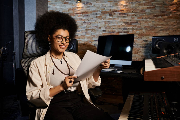 Una donna con gli occhiali siede di fronte ad uno studio di musica durante le prove di una band, circondata da strumenti musicali. - Foto, immagini