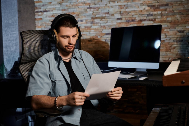 Un uomo assorbito nel leggere un foglio di carta mentre era seduto su una sedia durante le prove di una banda musicale in uno studio di registrazione. - Foto, immagini