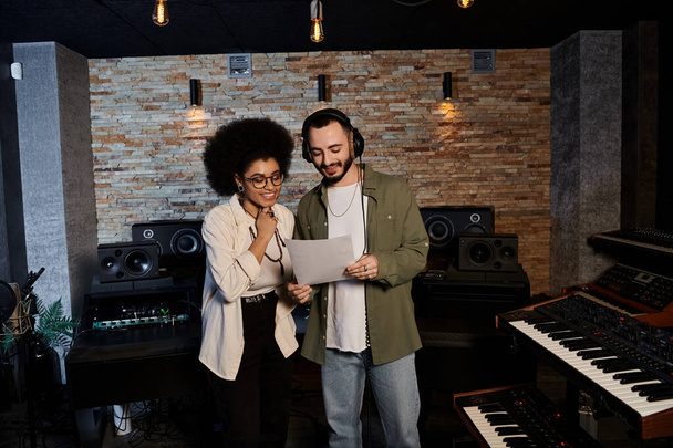 Muž a žena stojí v nahrávacím studiu, ponořeni do hudební kapely na zkoušku. - Fotografie, Obrázek