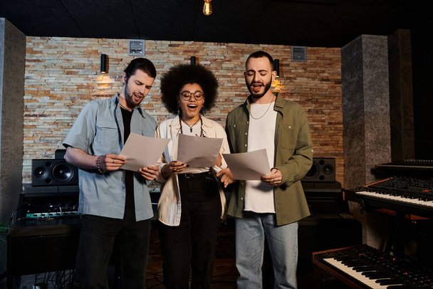 A diverse group of people, members of a music band, stand in a recording studio, preparing for a rehearsal session. - Photo, Image