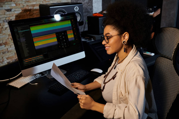 Egy nő egy stúdióban ül egy számítógép előtt, és a zenék keverésére koncentrál egy zenekari próbán.. - Fotó, kép