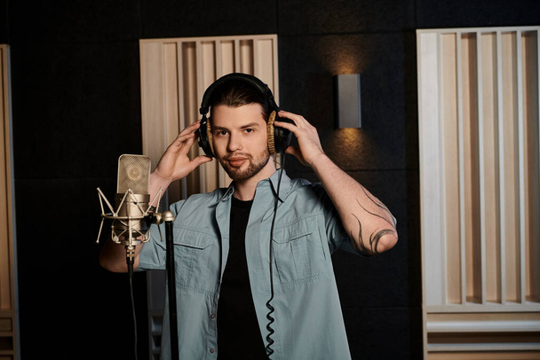 Un hombre escucha intrincadamente a través de auriculares en un estudio de grabación durante un ensayo de la banda de música. - Foto, Imagen