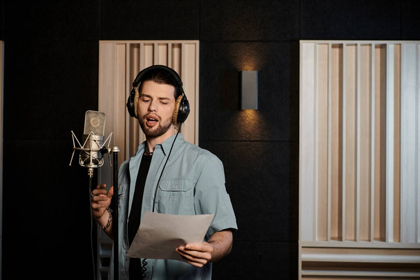 Um homem canta apaixonadamente em um estúdio de gravação durante uma sessão de ensaio da banda de música. - Foto, Imagem