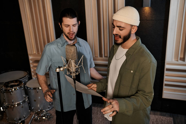 Двое мужчин стоят бок о бок в студии звукозаписи, творчески сотрудничая над музыкой для репетиции их группы. - Фото, изображение